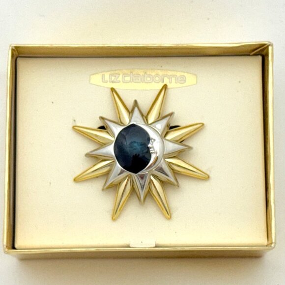 Vintage Liz Claiborne Moon/Star/Sunburst Celestial Brooch/Pin in Original Box - Picture 1 of 9